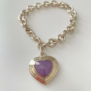 Vintage 925 Sterling Silver Purple Jade Heart Charm Rolo Link Bracelet 7.75"